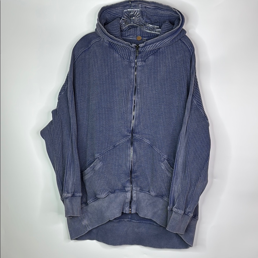 Free People One Ash Waffle Knit Full Zip Hoodie Vintage Blue Size Small